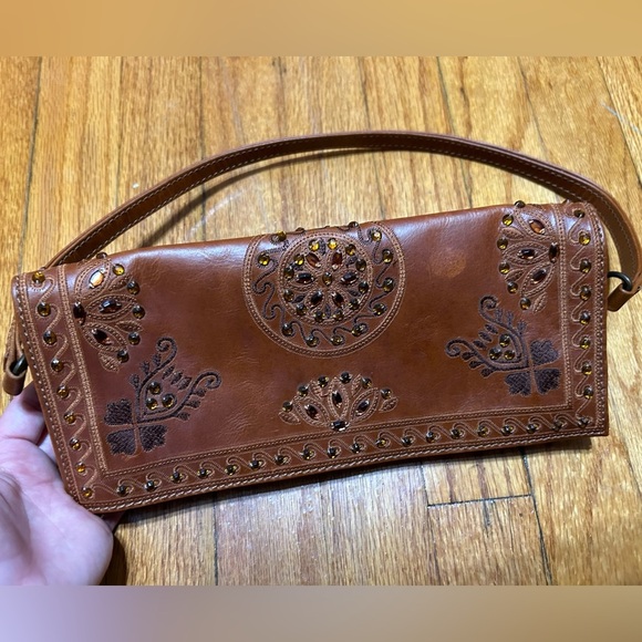 Wilsons Leather Handbags - Wilsons Vtg Leather Brown Gem Embroidered Embellished Arm Clutch Fold Over Bag
